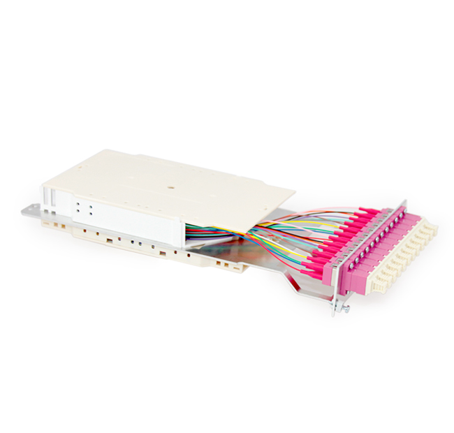 Fiber optic termination module 3U/7HP - 12 SC-Splx MM OM4 adapters, Erika colour - 12 SC OM4 pigtails, splice tray, organizer, cover