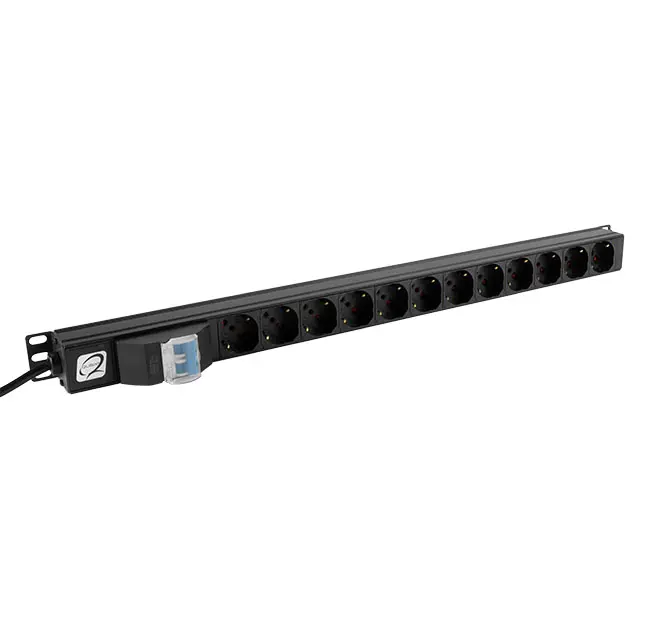 PDU with 12 sockets and magneto-thermal switch, vertical fixing, aluminium frame, black color