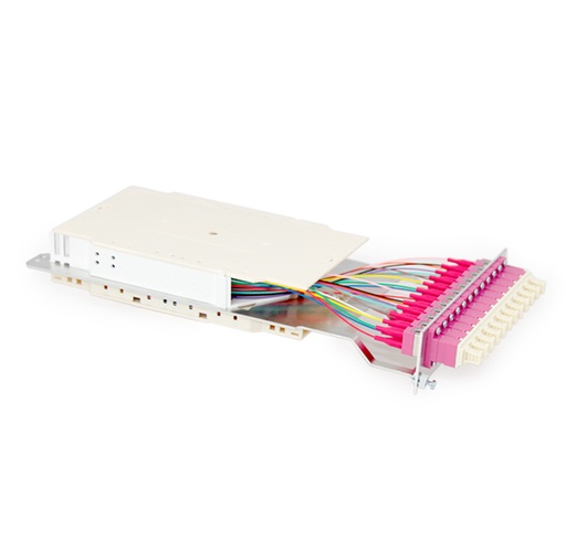 Fiber optic termination module 3U/7HP - 12 LC-Dplx MM OM3 adapters, Aqua colour - 24 LC OM3 pigtails, splice tray, organizer, cover